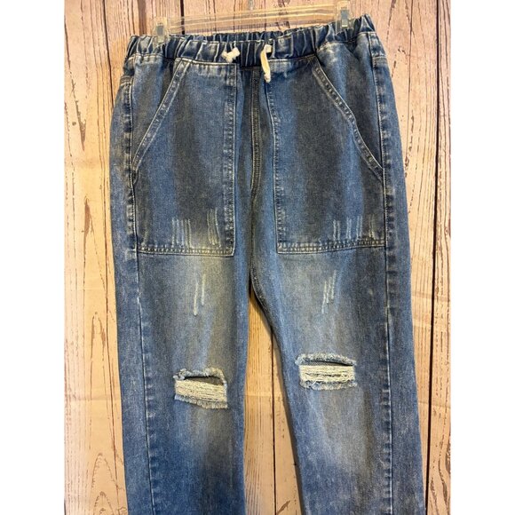 Miss Sparkling Distressed Elastic Waist drawstring Casual Denim Jeans Size Mediu - Picture 3 of 9